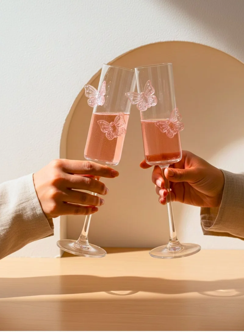 1 تشيس طقم كؤوس شمبانيا على شكل فراشة، قطعتان، كؤوس نبيذ على شكل فلوت مزينة بتصميم فراشة وردية، 180 مل، زجاج أنيق للنبيذ الأحمر والأبيض والشمبانيا والمشروبات الفوارة